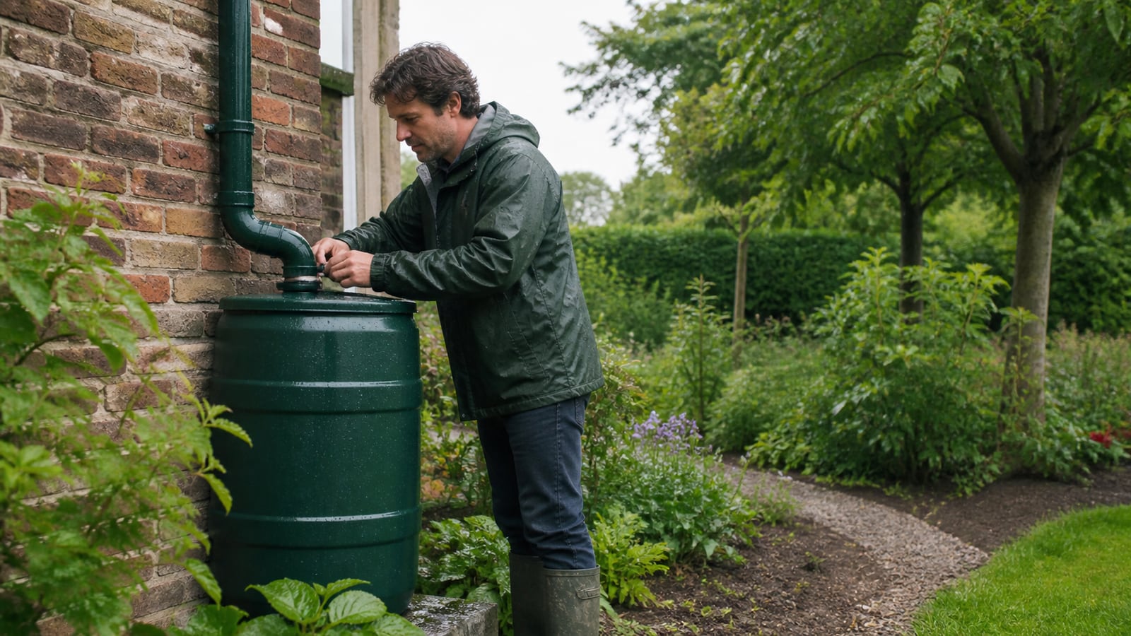 Huiseigenaar sluit een regenton aan op de regenpijp